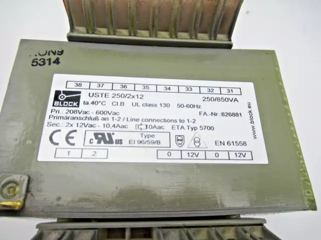 Block USTE 250/2x12 Control Transformer 250/850VA 50-60Hz GREAT CONDITION 2