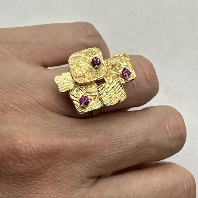 Artisan 18k yellow gold hand crafted ruby abstract cactus textured ring vintage