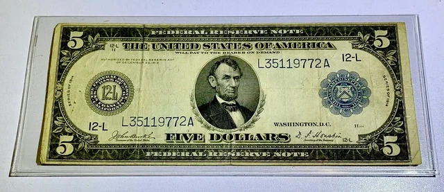 1914 $5 BLUE "LARGE SIZE" "BIG 12-L" San Francisco BLUE SEAL  VG! Old Currency!