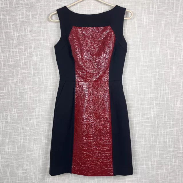 Milly New York Red & Black Shiny Crinkle Sleeveless Wool Sheath Dress Size 2 XS