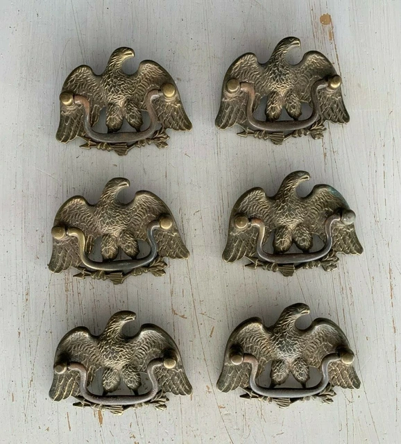 6 Antique American Eagle Brass Cabinet Dresser Drawer Pull Vtg Furniture 144-20J