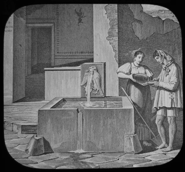 Glass Magic Lantern Slide POMPEII A STREET FOUNTAIN RESTORED C1900 ITALY ROMANS