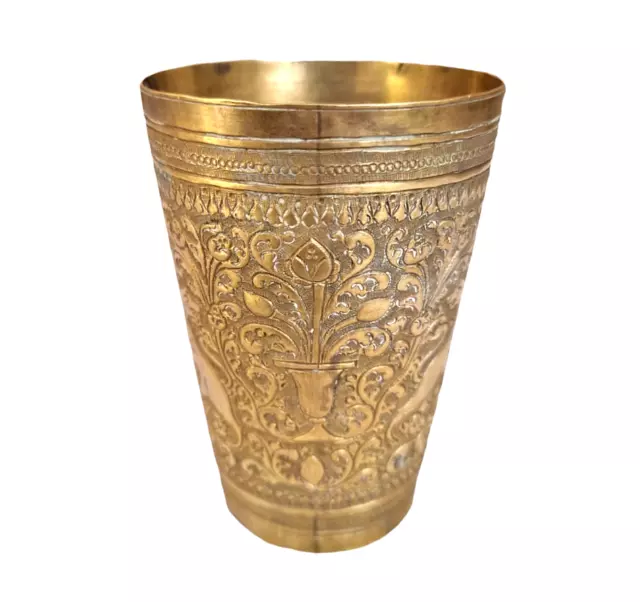 Vintage Old Antique Brass Fine Lion Floral Embossed Victorian Milk / Water Glass 3