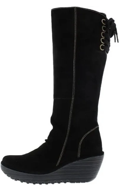 FLY LONDON YUST Touch Black Leather Tall Platform Wedge Boots Uk 7