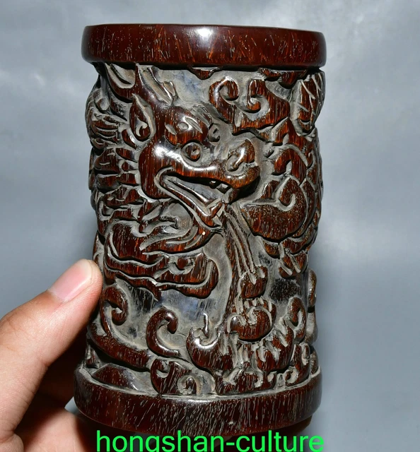 4.7& OLD CHINESE Ox Horn Sculpture Dragon Loong Beast Brush Pot Pencil