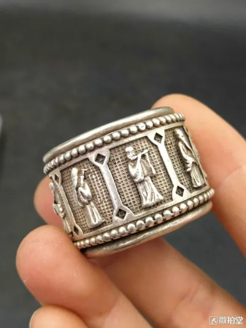 Old Chinese tibet silver hand-carved Eight Immortals rotate Ring