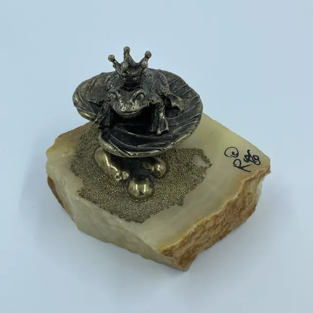 Vintage Brass Frog on Mushroom Figurine Mounted on Agate Slab