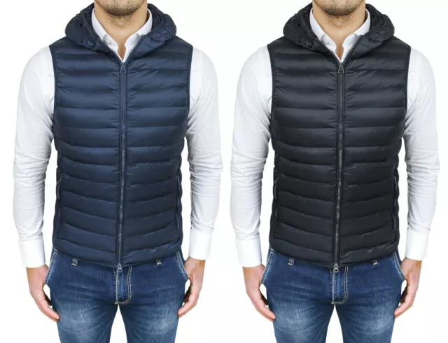 Piumino smanicato uomo slim fit blu nero gilet giubbotto bomber con cappuccio