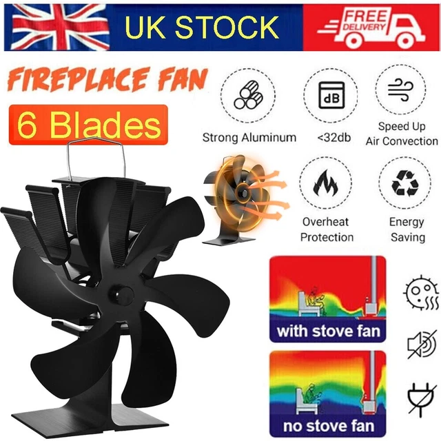 6 Blade Heat Powered Stove Fan Wood Log Burner Fireplace Eco Friendly Silent UK