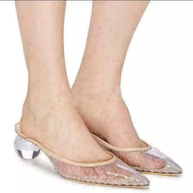 Chic Womens Clear Ball Low Heel Pointed Toe Slippers Mules Sandals Party Casual