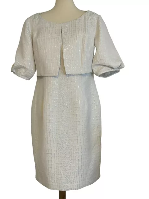 Ellen Tracy Ivory Silver Thread Sheath Dress & Jacket. Special Occasion SZ 14