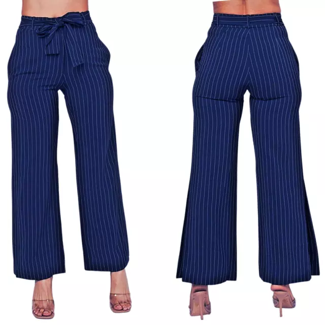 Dark Navy Blue and White Pinstripe High Waist Side Split Pants with Tie Belt