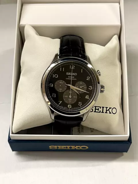 Seiko Mens SSC565 Solar Black Leather Band Chronograph Watch MSRP $350!