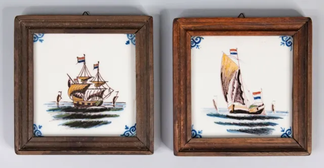 Antique Vintage Delft Faience Framed Polychrome Nautical Sailboats Tiles, Set of