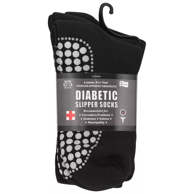 3 Pairs Non Skid Diabetic Black Men's & Women Hospital Crew Slipper Socks 10-13