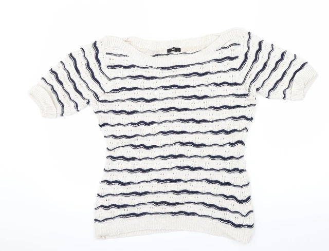 M&Co Womens Beige Scoop Neck Striped Cotton Pullover Jumper Size M