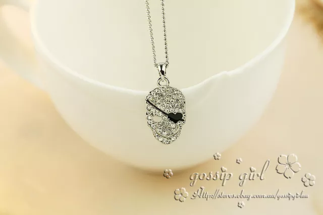 New 18K White Gold Filled Pirate Skull Shiny Swarovski Crystal Pendant Necklace