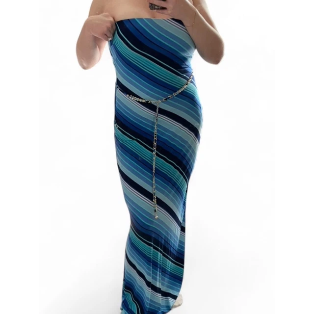 Gorgeous Vintage Cache Navy and Turquoise Striped Strapless Dress | Size L Gorgeous Vintage Cache Navy and Turquoise Striped Strapless Dress | Size L