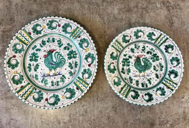 Vintage DERUTA Italian Pottery Dinner Plate & Salad Plate Green Rooster ~ Italy