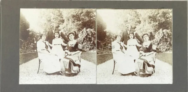 Family in the Garden Fashion Stereo Photo Vintage Citrate c1900