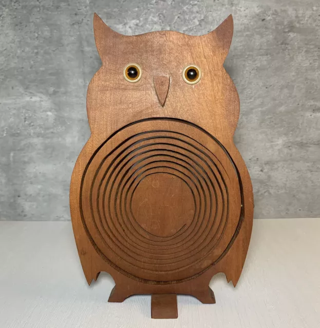 Vintage Hand Carved 70s Kitsch Folding Wood Owl Shaped Decorative Bowl 10"