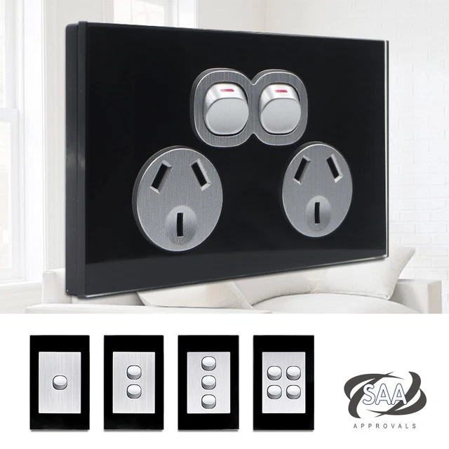 DUAL POWER POINT GPO 1-4Gang Light Switch Black Glass Panel 10A EUR 10 ...