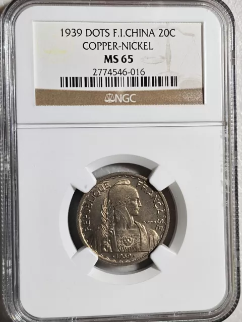 French Indochina 20 Cents 1939 Dots Copper-Nickel NGC MS 65