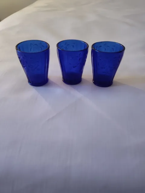 3 Vintage Cobalt Blue Open Rose Depression Glass Tumblers Beautiful Fast Shippin