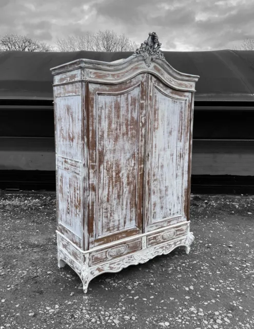 ANTIQUE 19th CENTURY FRENCH ORNATE OAK & PAINTED DOUBLE ARMOIRE WARDROBE, c1900