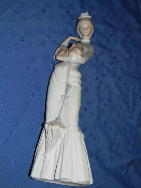 Lladro figurine tall Woman Walking with Dog holding small dog & umbrella 4893