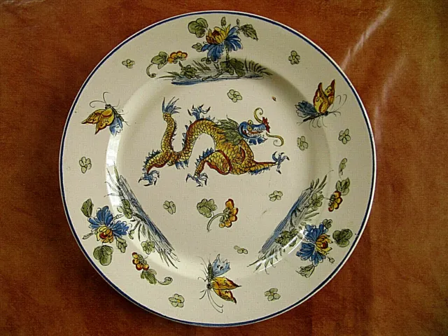 belle assiette plate faience ancienne décor dragon papillons vaisselle service