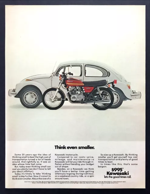 1975 Kawasaki KZ-400 Special & Volkswagen Beetle photo "Think Smaller" print ad