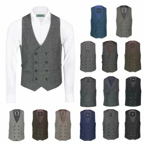 Uomo Tweed Gilet Doppio Petto Vintage a Spina di Pesce Quadretti Peaky Blinders