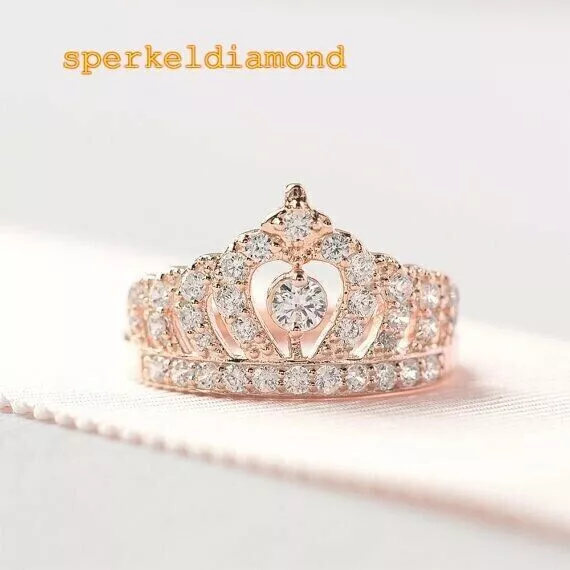 Bague de mariage en forme de couronne de princesse avec diamant rond plaqué...