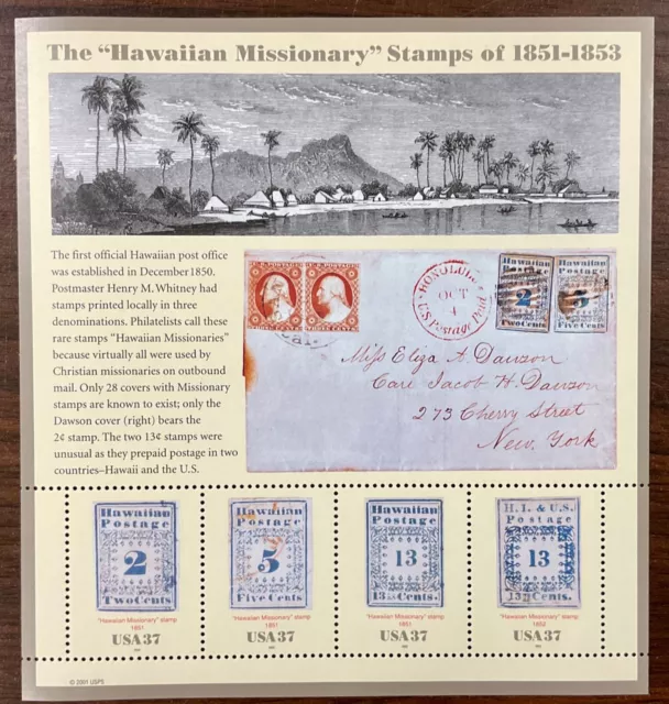 3694 Hawaiian Missionaries 1851-52  MNH 37 cent sheet of 4  FV 1.48   2002