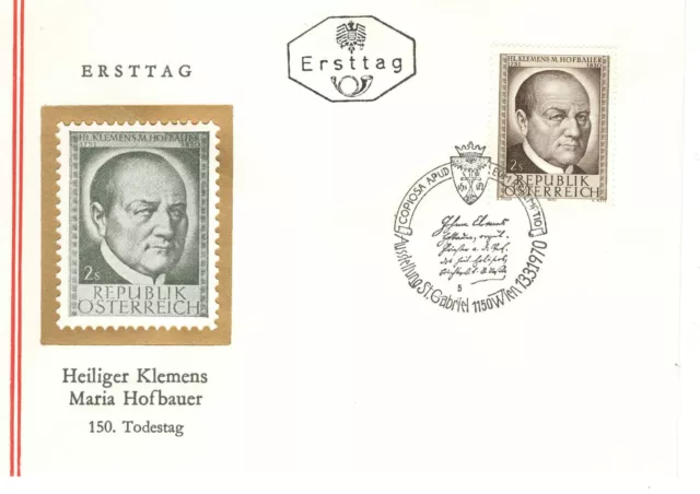 FDC Österreich 150. Todestag Heiliger Klemens Maria Hofbauer 1970