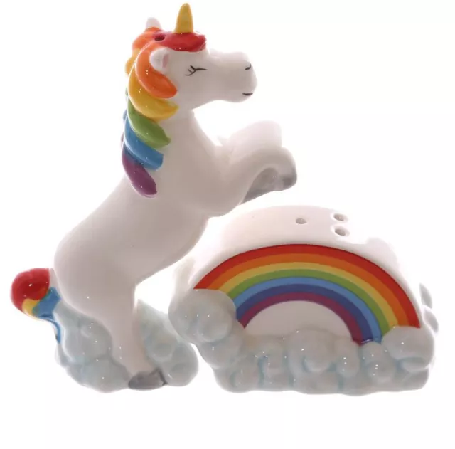 Unicorn On Rainbows Novelty Ceramic Salt And Pepper Pots Cruet Set In Gift Boxed 2