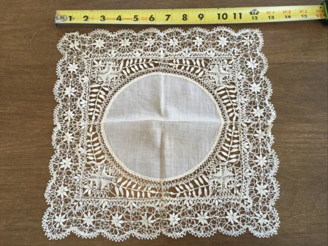 Antique Vintage Bobbin Lace Wedding Hankie Handkerchief 12” Hand Made