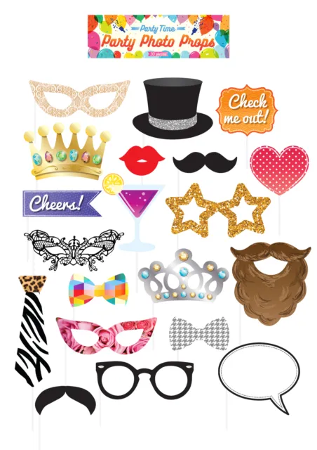20pc Party Photo Prop Set - Birthday Decoration Picture Booth Selfie Set Wedding