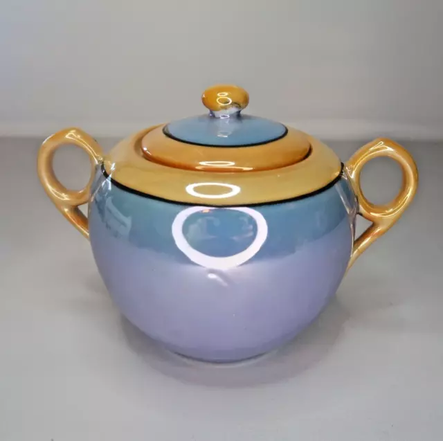 Vintage Japanese Purple & Orange Lidded Sugar Bowl Lusterware Iridescent