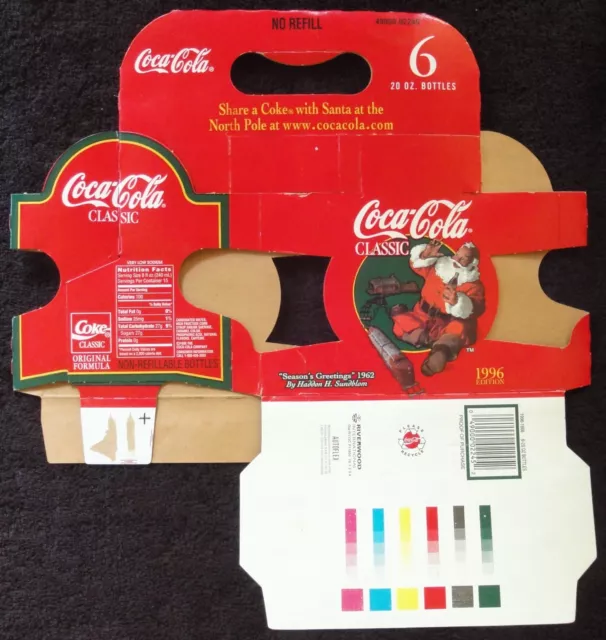 Coca Cola Cardboard 6-Pack Bottle Case - 1996 20oz Santa Holiday Bottle Edition