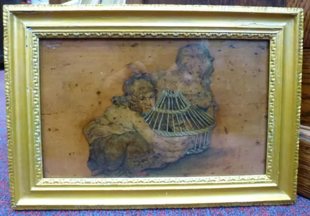 Antique old Framed Art Victorian Decoupage children and Cat