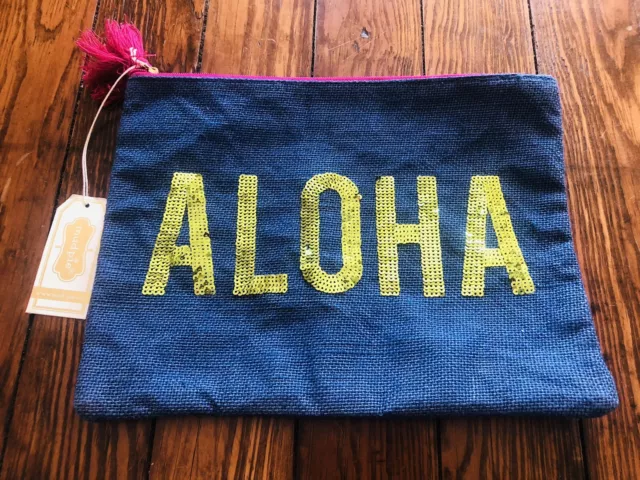 NWT Mud Pie 100% Jute ALOHA Sequined Clutch/Travel Tote