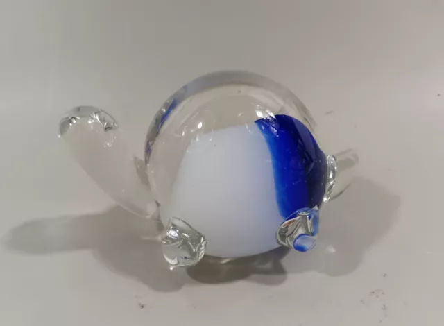 Hand Blown Art Glass Blue White Turtle Figurine Figure Paperweight