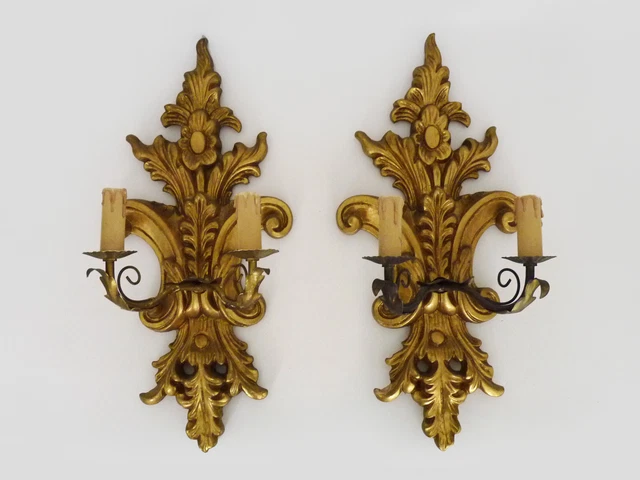 Paire D'appliques Murales Italiennes Vintage - Tôle Dorée - Style Hollywood Regency - RARE