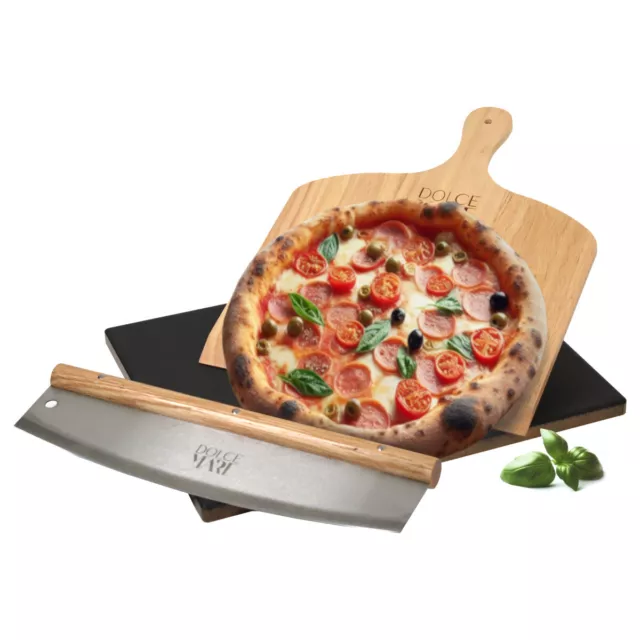 Dolce Mare Set piedra de pizza negra madera deslizador de pizza acero inoxidable cortador de pizza