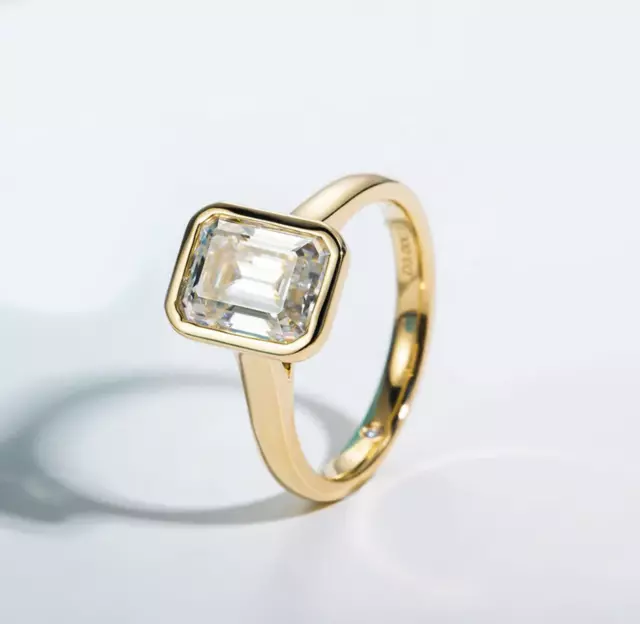 3CT Emerald Cut Moissanite Bezel Engagement Ring 18K Yellow Gold GRA Certified