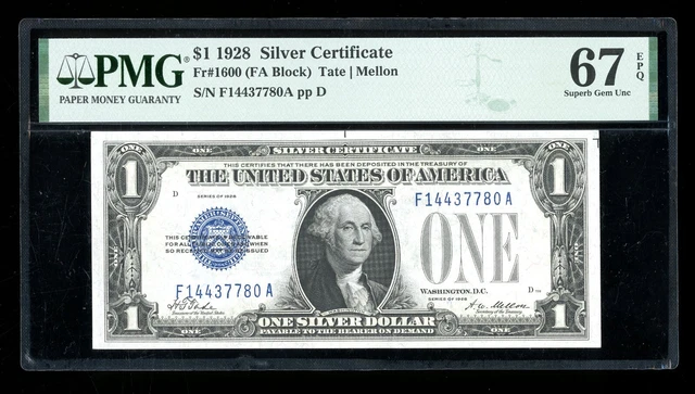 DBR 1928 $1 Silver Fr. 1600 FA Block Superb Gem PMG 67 EPQ Serial F14437780A