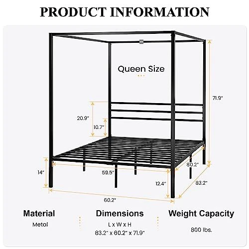 METAL CANOPY BED Frame Size/Mattress Foundation with Metal Slats Queen