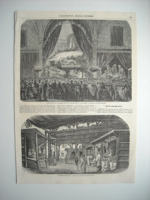 Gravure 1858. Une Rue De Suez.  Adoration De La Croix, Eglise Saint-Roch
